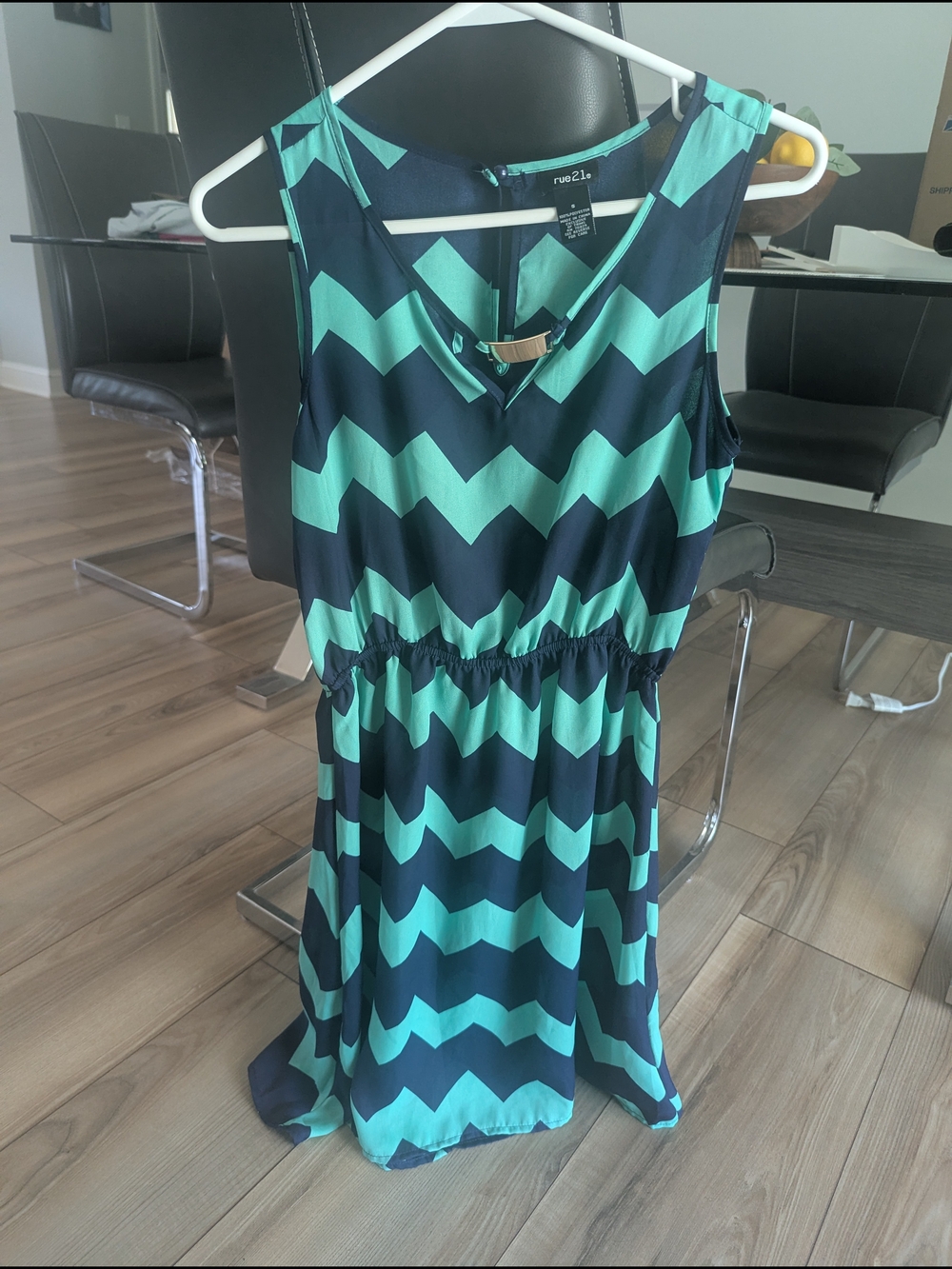 Rue21 Navy and Teal Chevron Mini Dress with V-Bar Accent
